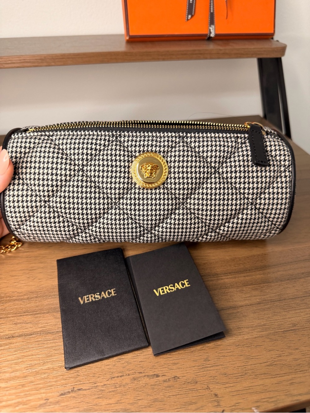 Versace Black & White Houndstooth Quilted Cylinder La Medusa Wool Shoulder Bag - Picture 2 of 12